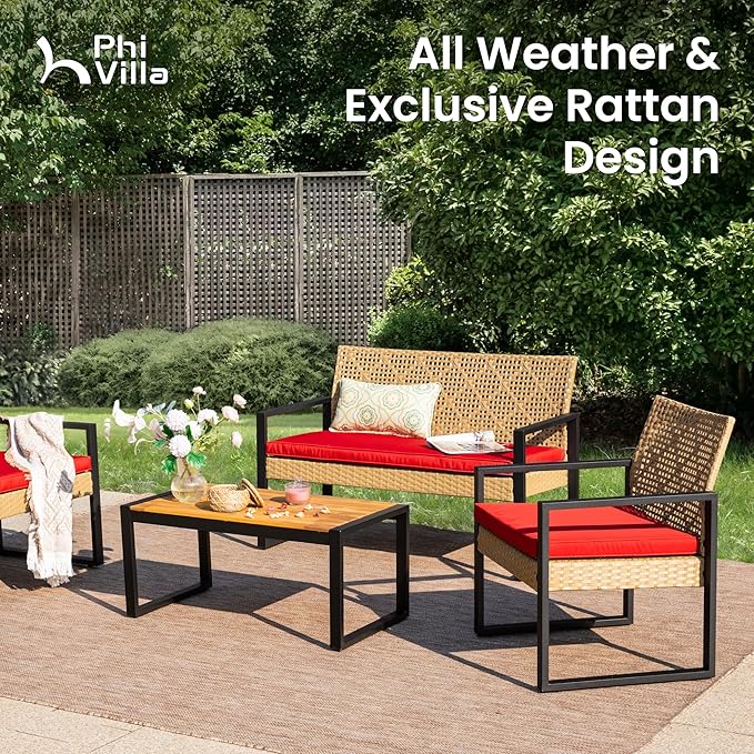 PHI VILLA Patio Wicker Furniture Set for 4, Yellow Rattan Loveseat & Chairs with Red Cushions & Acacia Wood Coffee Table, Outdoor Modern Conversation Sofa Set for Deck, Yard, Porch
