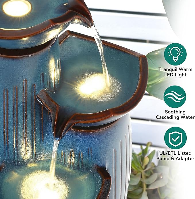 30" H Ceramic Outdoor Water Fountain with LED Lights, 3-Tier Cascading Lotus Bowls Water Feature, Tranquil Waterfall for Relaxing Garden, Patio, Yard, Turquoise, Vertical Striped Texture