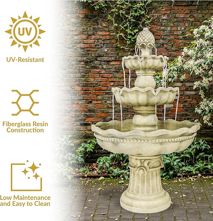 Sunnydaze 51-Inch Electric Water Fountain - Outdoor Water Feature - 3-Tier Outdoor Fountain with Pineapple Top - White
