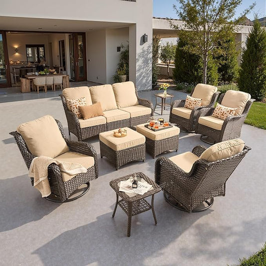 ovios 9-Piece Patio Furniture Set with Swivel Chairs Coffee Table, Outdoor Wicker Sofa with Comfy Cushions, High Back Couch Modern Conversation Sets, Brown/Beige