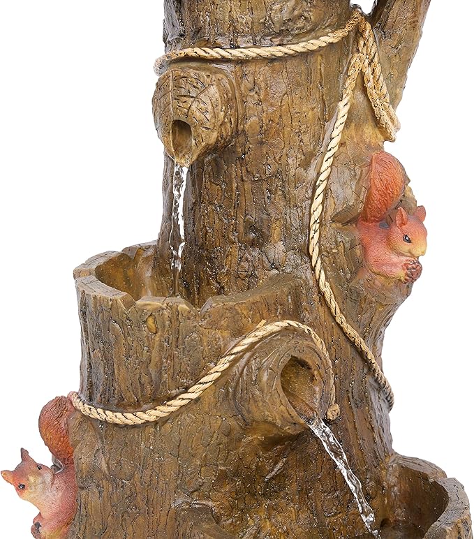 Alpine Corporation ZEN552 Outdoor Multitiered Birdhouse with Cardinal and Squirrels Water Floor Fountain for Patios, Gardens, and Yard Decor, 24" H, Brown