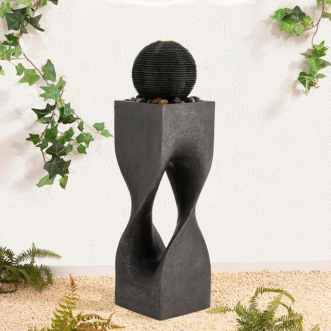 Glitzhome Outdoor Water Fountain, Outdoor Fountain with Lights, 36.5" H Modern Geometric Pedestal and Sphere Polyresin Outdoor Floor Standing Fountain with Pebbles, Pump for Garden, Patio, Backyard