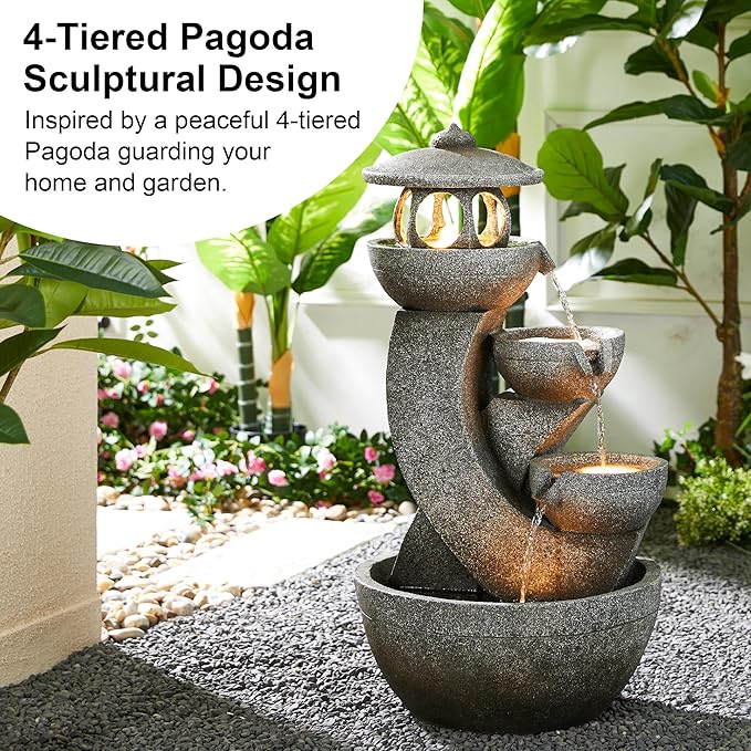 Glitzhome Pagoda Outdoor Water Fountain with LED Light, 4-Tier Oversized Cascading Stacked Stone Waterfall Fountains, Natural Stone Look Outdoor Fountain for Garden Patio Porch, 32”H