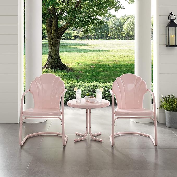 Crosley Furniture Tulip 3-Piece Outdoor Chair and Side Table Set, Retro Metal Patio Conversation Sets, Pink