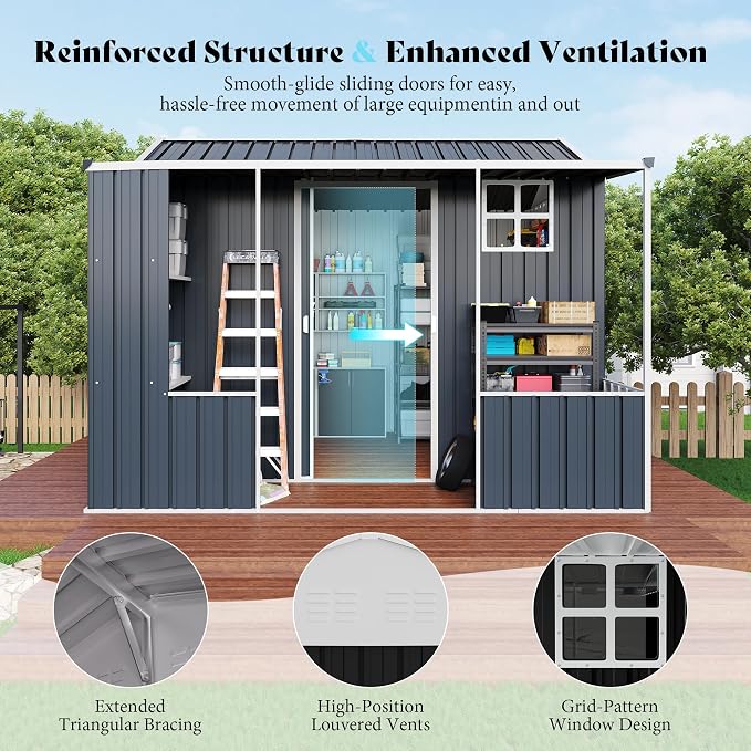 VanAcc 9x9x7 FT Metal Storage Shed, Dual-Zone Tool Shed with Work Area, Reinforced Frame, Gable Roof, Ventilated Design, Dark Grey - Image 4