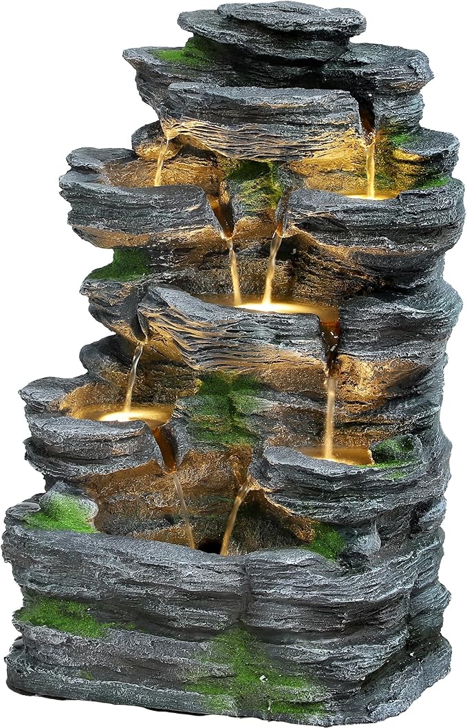 7-Tiers Garden Waterfall Fountain Outdoor - Water Fountains and Waterfalls, Outdoor/Indoor Floor Style Resin Fountain with LED Light for Patio, Garden and Backyard, Deck, Porch, Home