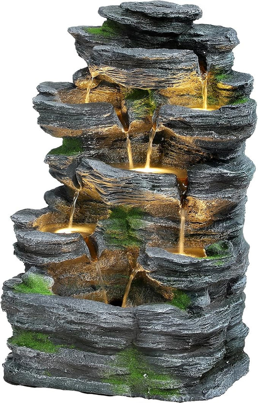 7-Tiers Garden Waterfall Fountain Outdoor - Water Fountains and Waterfalls, Outdoor/Indoor Floor Style Resin Fountain with LED Light for Patio, Garden and Backyard, Deck, Porch, Home
