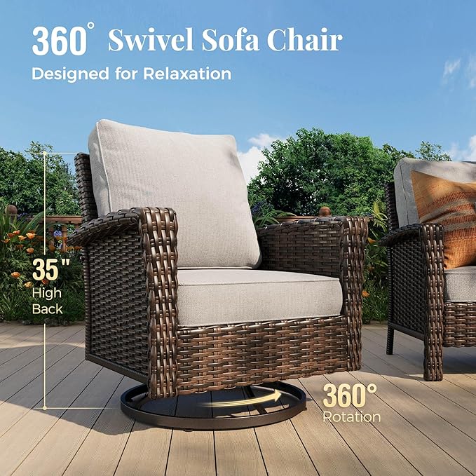 Swivel Patio Wicker Chairs Set of 2, High Back Outdoor Swivel Patio Rattan Chairs with 5.5" Thick Cushions for Bistro Balcony Porch Deck and Yard, Light Grey