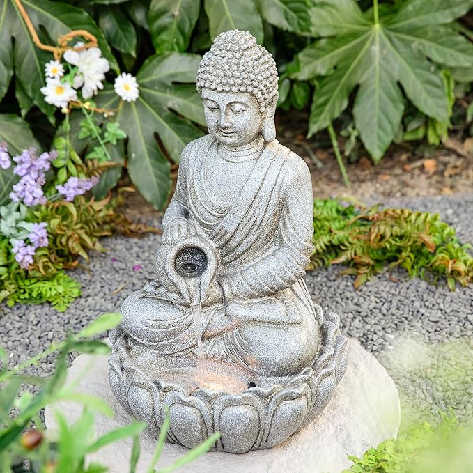 Glitzhome Buddha Fountain Outdoor 20.5" H, 2-Tier Zen Style Concrete Meditating Buddha Statues Water Fountains with Pump & LED Light, Buddhas Floor Fountains Sculpture for Garden Patio Backyard