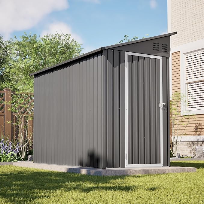 YOPTO 4×8 FT Lean to Metal Shed,Outdoor Heavy-Duty Storage Shed with Floor Base,All Weather Waterproof Garden Tool House W/Lockable Door&2 Air Vents,Reversible Door Design,for Backyard,Patio,Lawn,Gray - Image 7