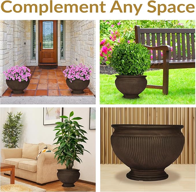 Sunnydaze Elizabeth 16" Double-Walled Polyresin Ribbed Urn Outdoor Planter - UV-Resistant Rust Finish - Set of 4