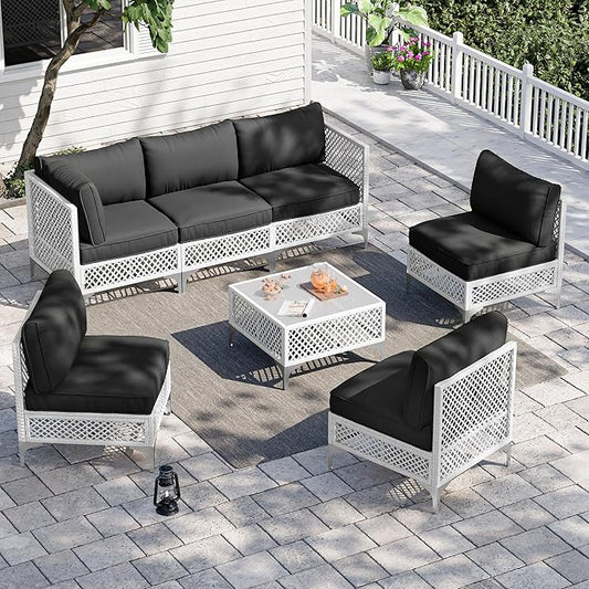 Vikiullf Patio Conversation Set, 7 Piece Outdoor Sectional Sofa Set with Coffee Table, White Wicker with Grey Cushions (White and Grey, 7 piece)