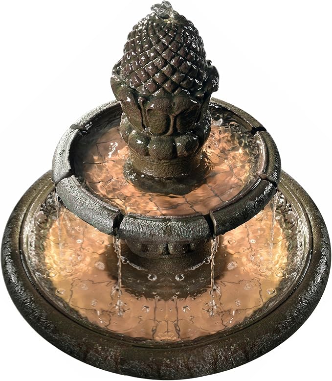 Teamson Home Deluxe Pineapple Pedestal 2 Tiered Floor Waterfall Fountain with Pump for Outdoor Patio Garden Backyard Decking, 39 Inch Height, Iron Gray
