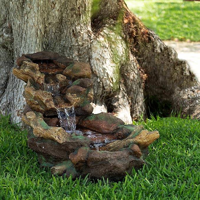 Alpine Corporation TZL288 Indoor/Outdoor Cascading Stone River Waterfalls Floor Fountain with LED Lights, 40 inches Long, Brown