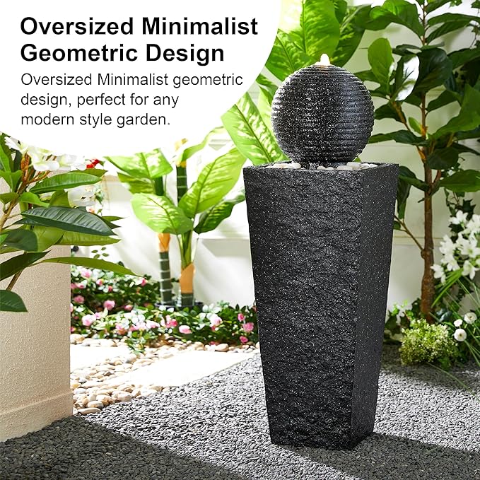 Glitzhome Outdoor Water Fountain with LED Light, Oversized Decorative Black Pedestal Water Fountains with Submersible Pump, Modern Sphere Floor Fountain with Pebbles for Garden Patio Decor, 40.25" H
