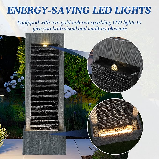 49.6" H Waterfall Fountains Outdoor Garden - Water Fountains and Waterfalls Outside, Large Indoor Floor Standing Resin Fountain Features W/Pump LED Light Cobbles for Patio, Home Art Decor