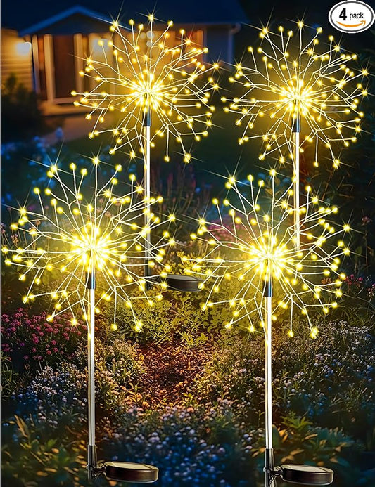 suddus Solar Garden Lights Outdoor Waterproof Decorative, 4Pack 150LED Firework Lights, Solar Fairy Lights for Yard, Garden, Party, Patio, Pathway, Flowerbed, Wedding - Warm White