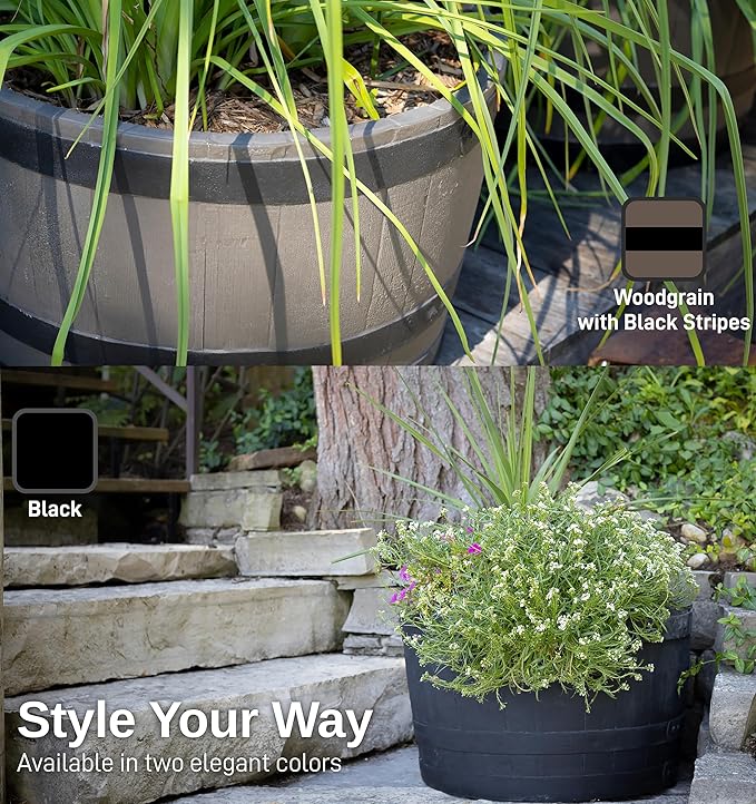 RTS Home Accents Polyethylene Whiskey Barrel Planter for Indoor or Outdoor Gardening, Black (2 Pack)