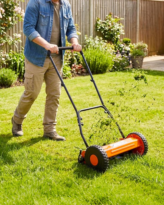 Push Reel Lawn Mower, 14 Inch 5-Blade Manual Reel Lawn Mower, Walk-Behind Lawn Mower with Adjustable Cutting Height, Orange by Unknown