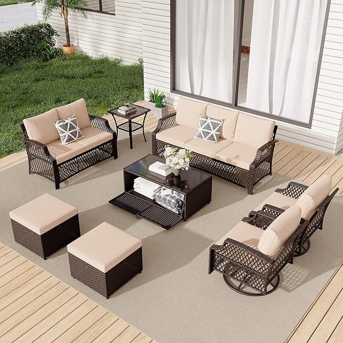 HOMREST 8 Piece Patio Furniture Set, Wicker Outdoor Conversation Set with Swivel Chairs, 2 Ottomans, Storage Coffee Table, Rattan Outdoor Sectional Sofa for Deck Backyard Porch （9 Seats, Khaki