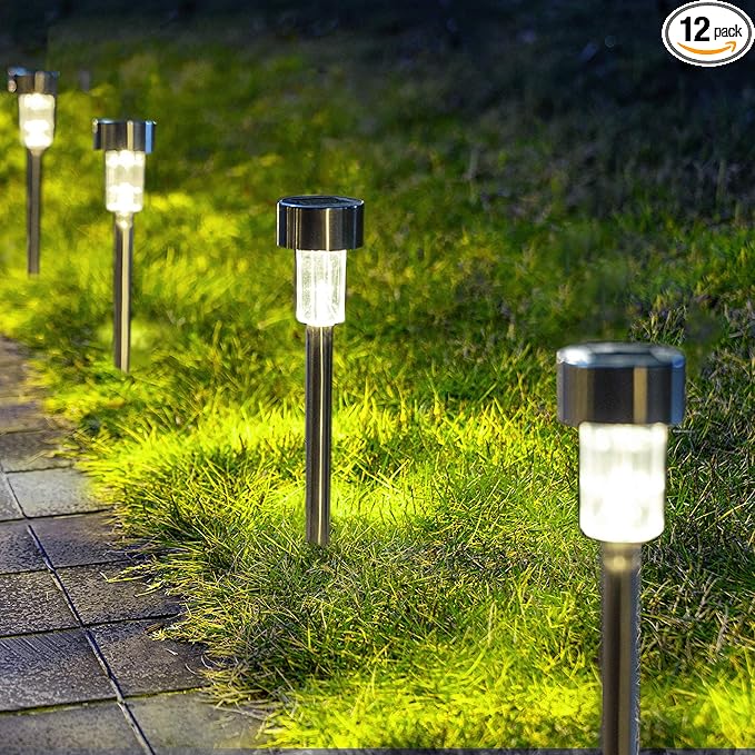 GIGALUMI Solar Pathway Lights, Stainless Steel IP44 Waterproof Auto On/Off Outdoor LED Solar Landscape Lights for Garden, Yard, Patio, Path and Walkway(12 Pack, Cold White)