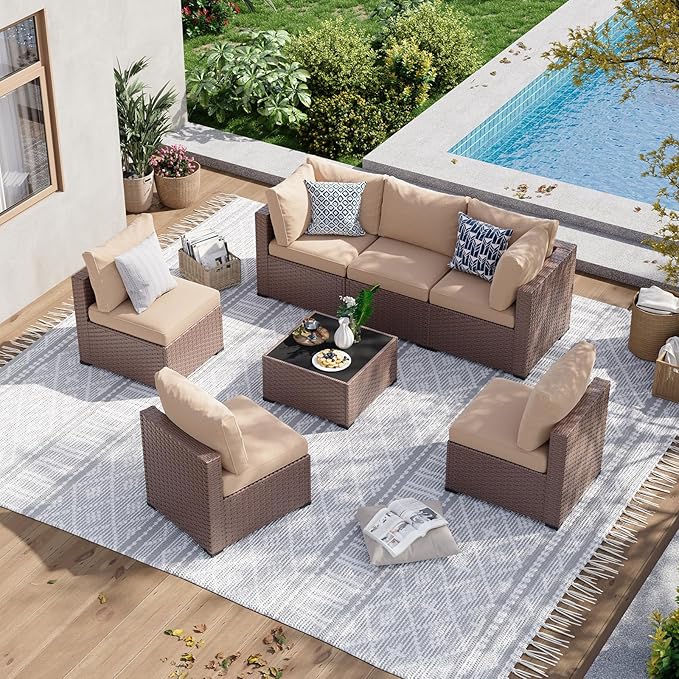 Aoxun 7 Piece Patio Furniture Set, Wicker Rattan Patio Sectional Sofa, Outdoor Furniture Set with Thickened Cushion, Light Gray