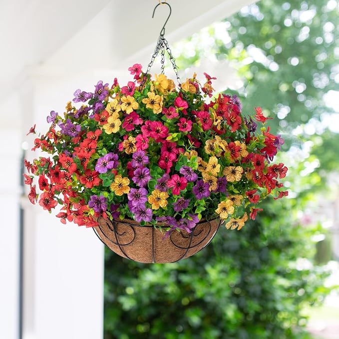HyeFlora Artificial Faux Hanging Plants Flowers Basket for Summer Outdoor Outside Decoration, Fake Silk UV Sun Resistant Look Real Colorful Daisy Eucalyptus for Porch Home Patio Balcony Yard - Image 2