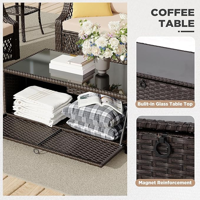 HOMREST 7 Piece Patio Furniture Set, Wicker Outdoor Conversation Set with Swivel Chairs, 2 Ottomans, Storage Coffee Table, Rattan Outdoor Sectional Sofa for Deck Backyard Porch （7 Seats, Khaki