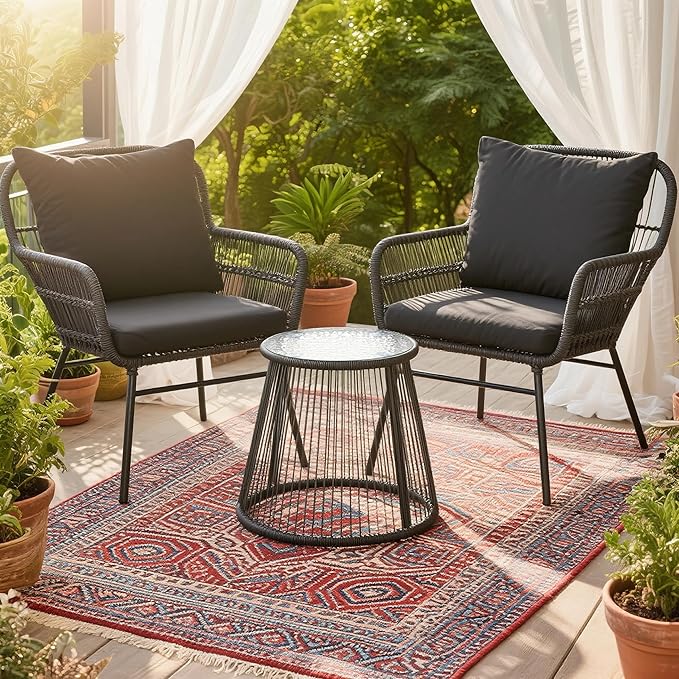 Bezseller 3-Piece Outdoor Patio Furniture Set - 20" Wide Seating w/ 2" Thick Cushions, 14.2" Seat Height - Modern Boho Furniture for Gardens, Balcony & Apartments