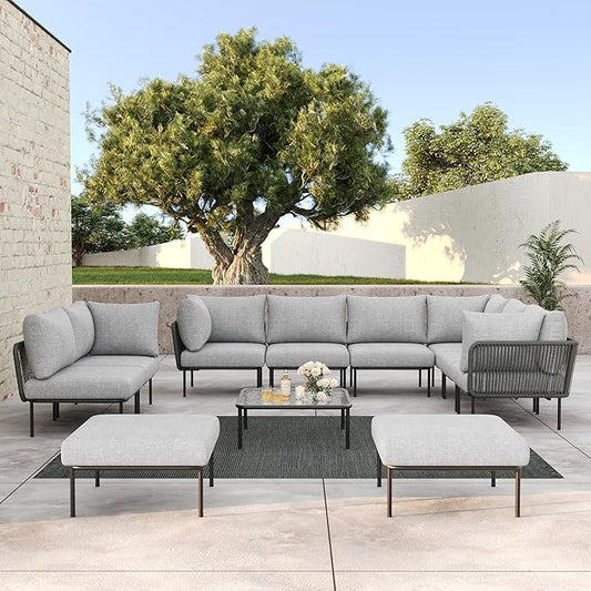 LayinSun 11 Pieces Aluminum Patio Furniture Set, Modern Modular Sectional Sofa with Coffee Table and Upgrade Thickness Cushion