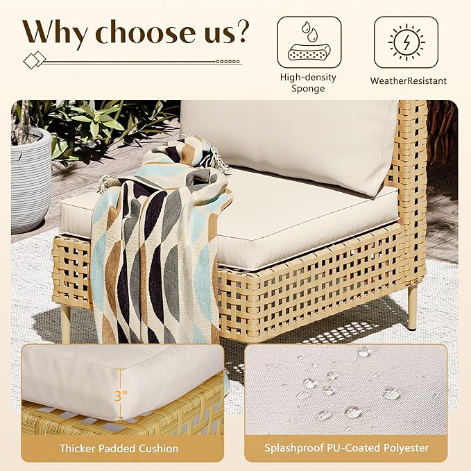 LHBcraft 7-Piece Wicker Outdoor Patio Furniture Set, Modular Rattan Outdoor Furniture, Patio Conversation Sets, Handmade Rattan, Water Resistant Fluffy Cushions and Coffee Table, Beige