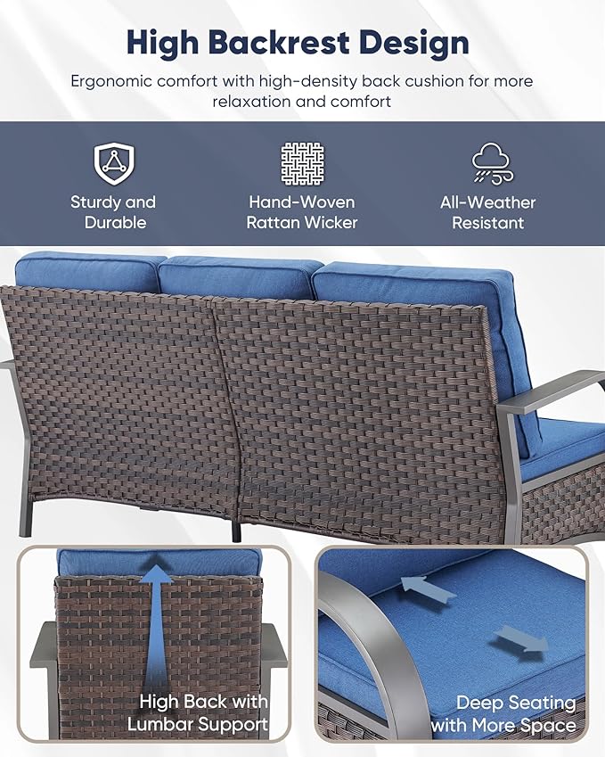 HUMMUH Patio Furniture Set with Fire Pit-Outdoor Swivel Glider Rocking Chair with Patio Sofa Outdoor Conversation Furniture for Deck Porch Garden Poolside Backyard-Brown/Blue