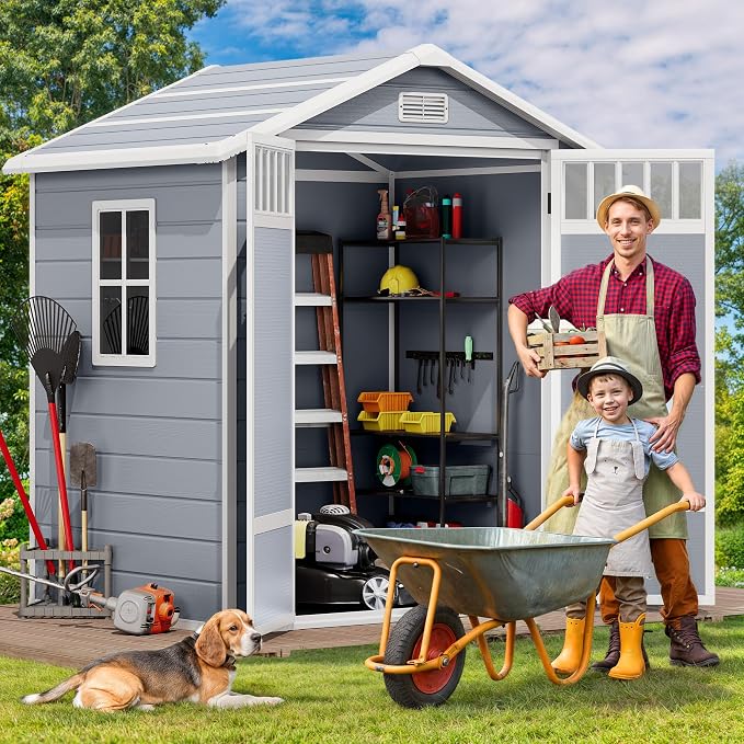 DWVO 6x4.4 FT Resin Storage Shed with Fence-Style and Side Windows, Lockable Door, and Vents for Garden, Backyard, Patio, Lawn, Gray - Image 2