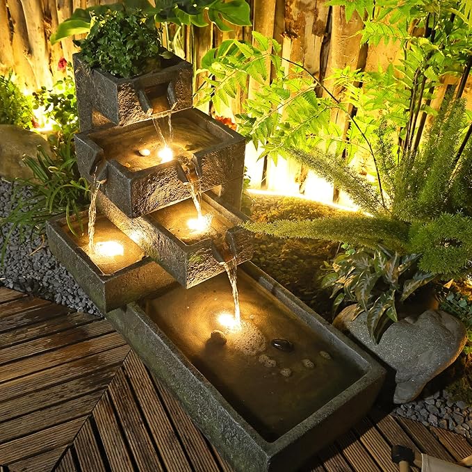 Water Fountain Outdoor Garden Waterfall Freestanding Cascade Tiered Fountains Water Feature with LED Lights for Patio Backyard Pool Home Decor, 32.5 inches Long, Gray