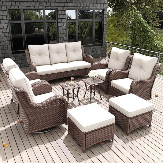 LayinSun 9-Piece Outdoor Patio Furniture Set - Rattan Wicker Sectional Swivel Rocker Chairs with Ottomans, Single Chairs and Coffee Table