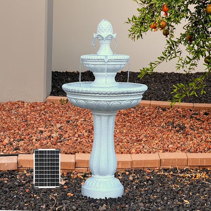 XBrand 39" 2-Tier Outdoor Freestanding Solar Water Fountain - Classic Design, White Resin Bird Bath with Pump - Ideal for Yard, Lawn and Garden, Porch Décor