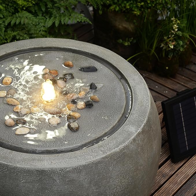 Solar Water Fountain Outdoor Garden Bubbler Large Water Feature Outdoor Fountains Solar Powered with Pebbles for Patio Deck Yard Home Decor Gray, 25 "L X 25" W X 17.5" H