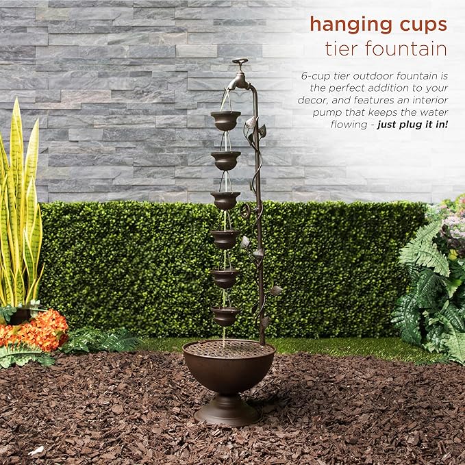 Alpine Corporation MAZ254 Outdoor Floor Tiered Vintage Water Fountain w/ 6 Hanging Cups, Soothing Tier Waterfall, 38", Bronze