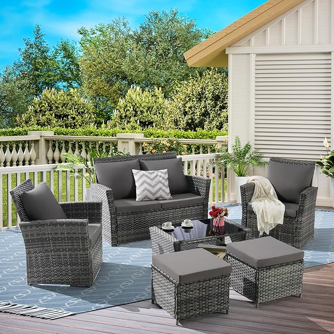 KEIKI 6-Piece Outdoor Patio Furniture Set, Rattan Patio Conversation Set with 2-Seater Sofa, 2 Single Sofa, 2 Ottomans, Coffee Table, PE Wicker Sofa Set, for Garden, Backyard, Lawn, Deck, Dark Gray