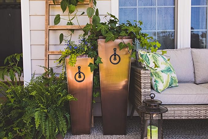 H Potter Tall Copper Planters Set of 2 – Antique Copper Hammered Stainless Steel Indoor Outdoor Planter with Insert & Drainage – Large Decorative Floor Planters for Entryway Porch Patio