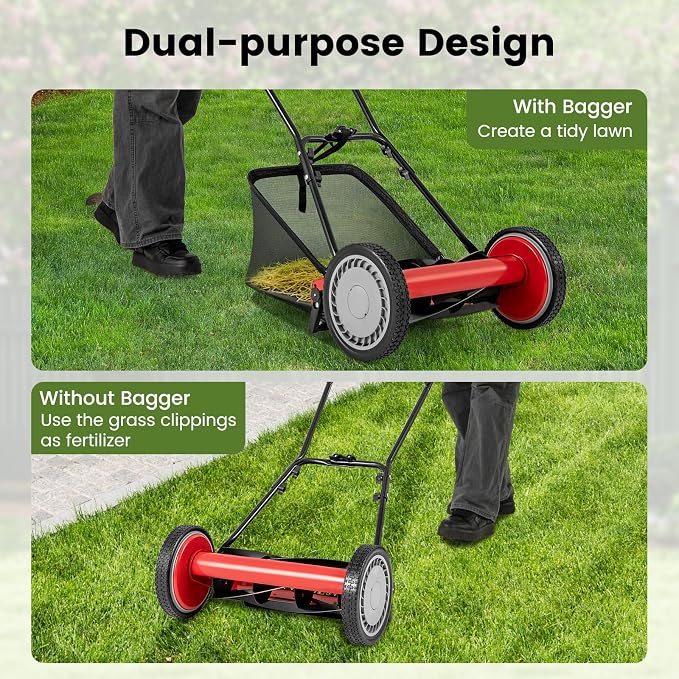 16-inch 5-Blade Push Reel Lawn Mower, Walk-Behind Grass Cutter w/Removable 7 Gallon Grass Catcher Bag & Adjustable Cutting Height, Cordless Manual Lawn Mower for Garden, Lawn, Yard (Red) - Image 6