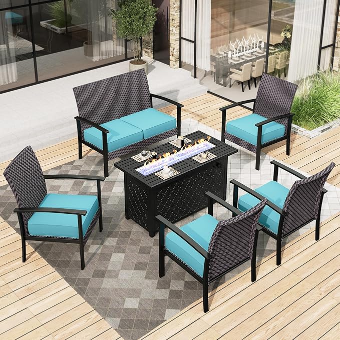 HERA'S HOUSE 6 Piece Furniture Set, 45" Fire Pit Table,4 x Wicker Chair and 2-Seat Lover Sofa, Outdoor Conversation Set for Lawn Garden Backyard