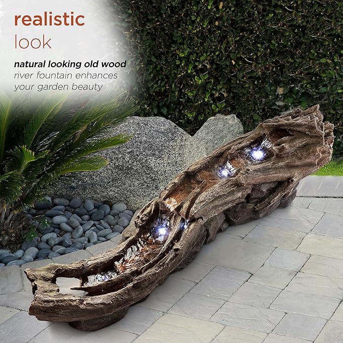 Alpine Corporation 80" Long Indoor/Outdoor Wood River Log Water Fountain with LED Lights, Cascading Natural Water Feature for Gardens, Patios, Yards, and Outdoor Decor, Brown and Gray