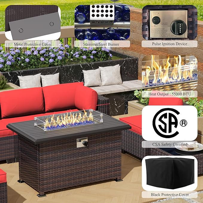 8 Pieces Outdoor Patio Furniture Set,Outdoor Sectional Furniture with 43" 55000 BTU Gas Propane Fire Pit Table,All Weather PE Rattan Wicker Patio Conversation Set,Red