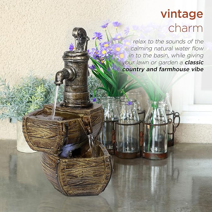 Alpine Corporation WIN826 14” Vintage Water Pump Tabletop Fountain with 2-Tiered Barrel Design & LED Lights – Decorative Indoor Water Feature for Home & Office, Brown