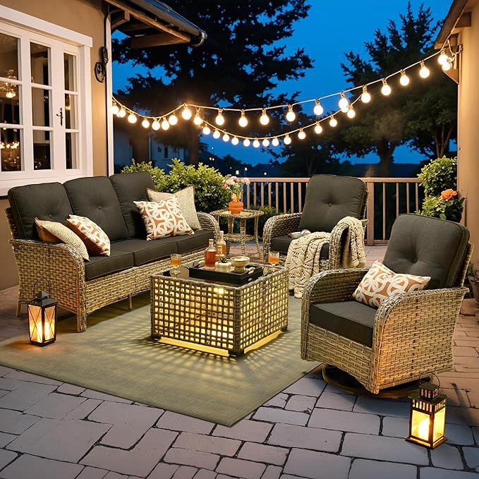 HOOOWOOO Outdoor Patio Furniture Set with Light Table,5 Pieces Wicker Conversation Set,All Weather High Back Couch Sofa Swivel Chairs Set,Black