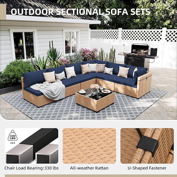 UPHA 9 Pieces Patio Furniture Sets, Wicker Outdoor Sectional Sofa Couch with Round Propane Pit for Deck Backyard Garden, Beige Rattan, Navy Blue Cushion