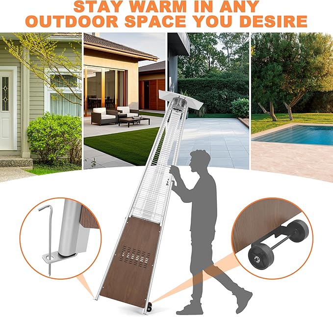 Nuu Garden Pyramid Propane Patio Heater 48,000 BTU with Wheels, Outdoor Glass Tube Heating Tower for Deck, Porch, Camping, Backyard, Stainless Steel Burner, Wood-Grain Finish