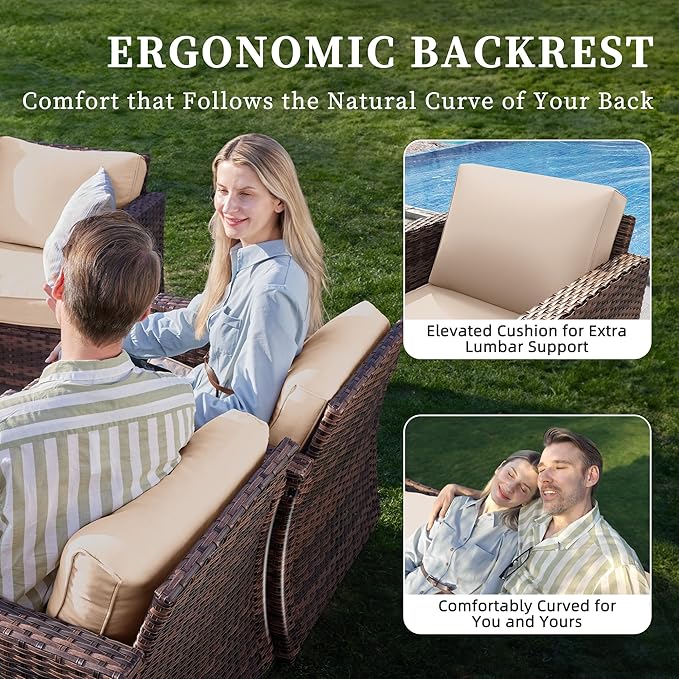 UDPATIO Patio Furniture Set with Fire Pit Table and Swivel Rocking Chairs, 5 Pieces Outdoor Wicker Furniture Set with Waterproof Cover, 4'' Thickened Cushion, Khaki