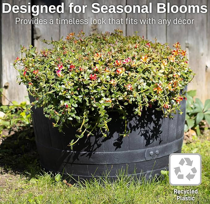 RTS Home Accents Polyethylene Whiskey Barrel Planter for Indoor or Outdoor Gardening, Black (2 Pack)